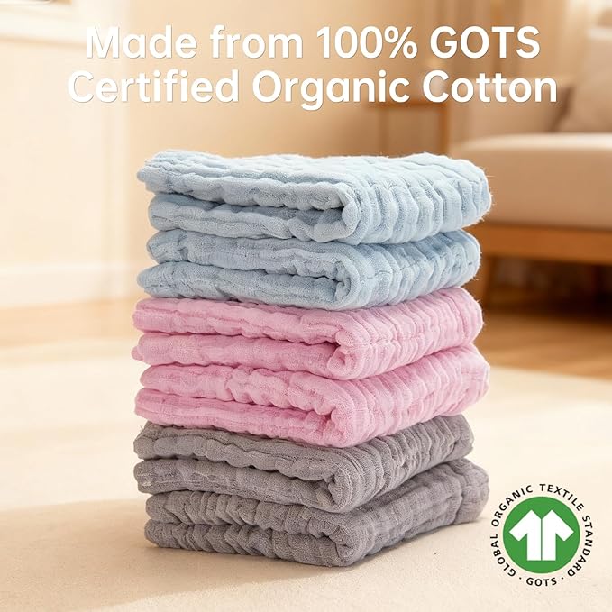 Organic Muslin Baby Washcloths 6 Pack Baby Bath Face Towel 12x12 Inch Extra Absorbent and Soft Burp Cloth and Wash Cloths for Newborn-Infants On Sensitive Skin (Pink Grey Blue)