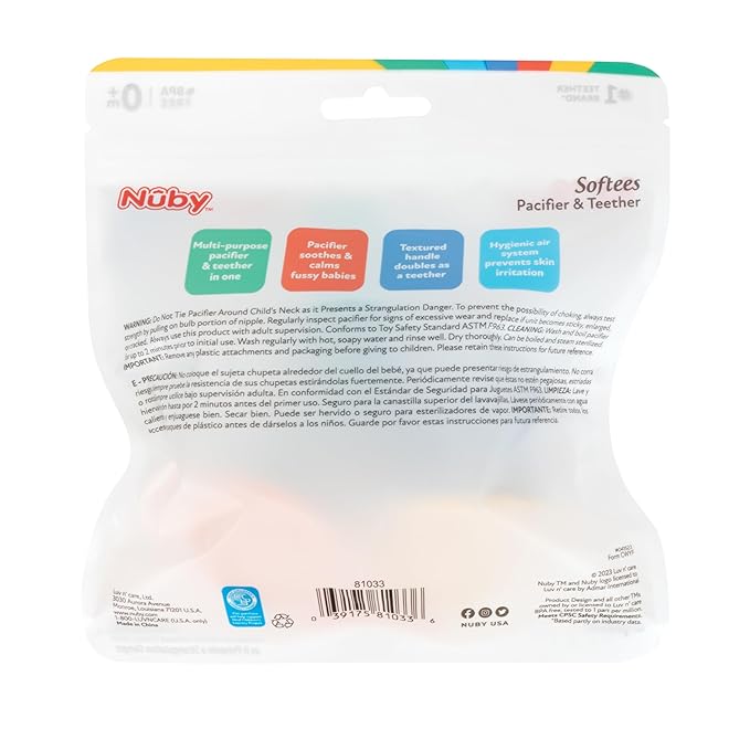Nuby Silicone Softees Pacifier and Teethers - (5-Pack) Silicone Baby Pacifiers and Teethers - 0+ Months - Assorted Colors