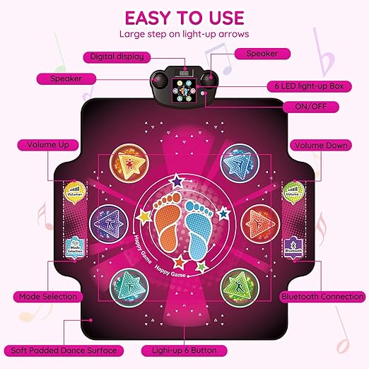 Electronic Dance mat for kids,Upgraded Light-up 6-Button Dancing Pad,Wireless Bluetooth toys,Birthday Christmax Musical Gifts for boys girls,Built-in Music Playmat,Ages 3 4 5 7 8 9 10 11 12+ Year Old