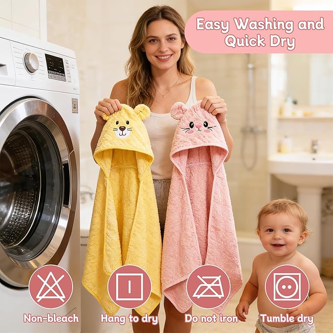 14 PCS Baby Bath Towels Set for Girls, 4 PCS Animal Hooded Towels & 10 PCS Washcloths, Ultra Soft & Absorbent Newborn Infant Toddler Towels in Pink Green Yellow White