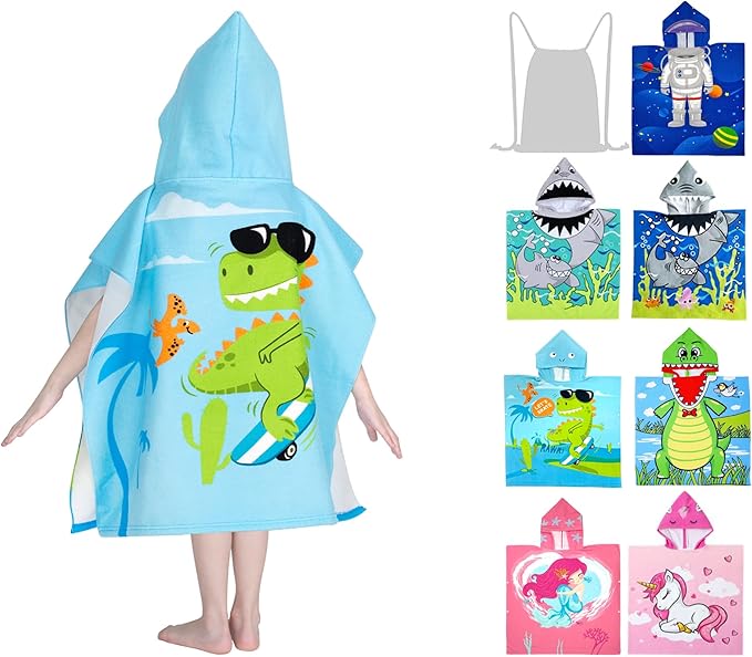 Hooded Kids Beach Towels - Toddler Bath Towel Girls Boys Swim Cover-ups for Ages 4 to 10 Kids Pool Towels Quick Dry Lightweight Soft Microfiber Poncho 30x30 with Bag (Dino Skating)
