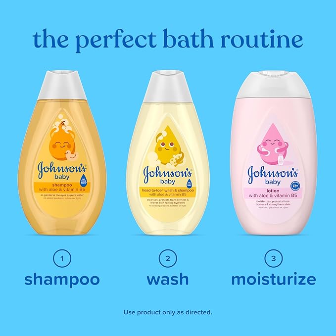 Johnson's Baby Shampoo with Aloe Vera & Vitamin B5, Tear Free, Newborn Essentials, No added Parabens & Sulfates, Hypoallergenic, 13.6 fl. oz