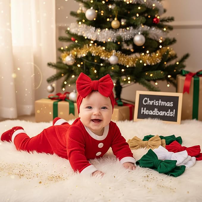 Christmas Baby Girl Bows Newborn Headband Stretchy Double Bows Soft Infant Toddlers (Red&Green&white)