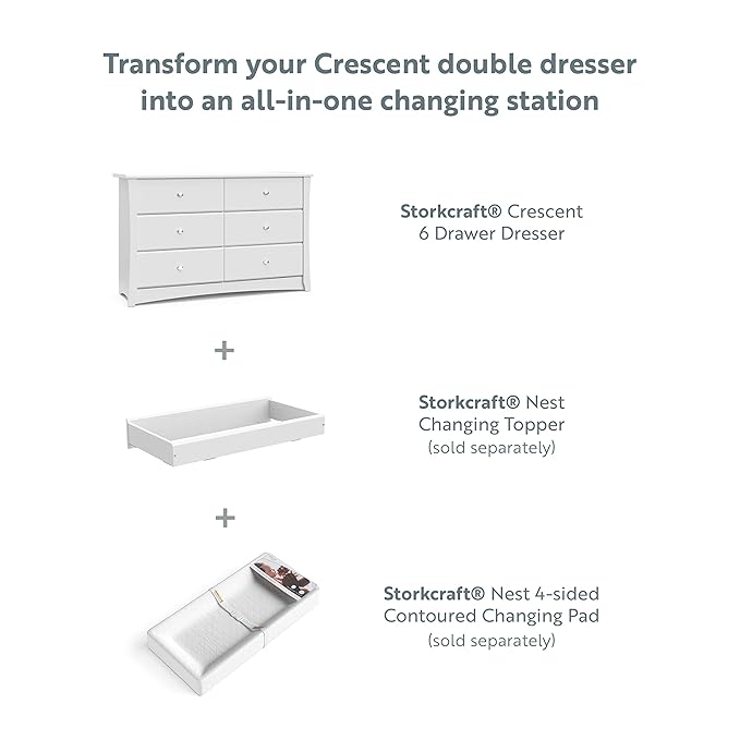 Storkcraft Crescent 6-Drawer Dresser (White) – GREENGUARD Gold Certified, White Dresser for Bedroom, Kids & Nursery Storage Chest, Safety Interlocking Drawers, Pre-Installed Tracks, Kids Chest