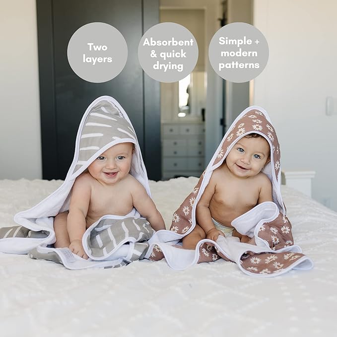 Mebie Baby Muslin Hooded Towel, Mustard Mudcloth, Cute Hooded Baby Bath Towel for Newborn, Infant & Toddler, Modern Baby Towels and Washcloths for Boy & Girl, Floral & Pattern Hooded Baby Towels