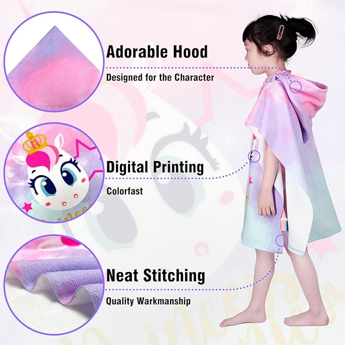 Hooded Kids Beach Towels - Toddler Bath Towel Girls Boys Swim Cover-ups for Ages 1 to 6 Kids Pool Towels Quick Dry Lightweight Soft Microfiber Poncho Towel 24x23(Baby Unicorn)