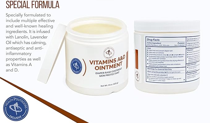 Vitamin A & D Ointment 15 Oz Jar, Skin Protectant for Diaper Rash, Cuts, Burns, Abrasions, Wounds and Scrapes