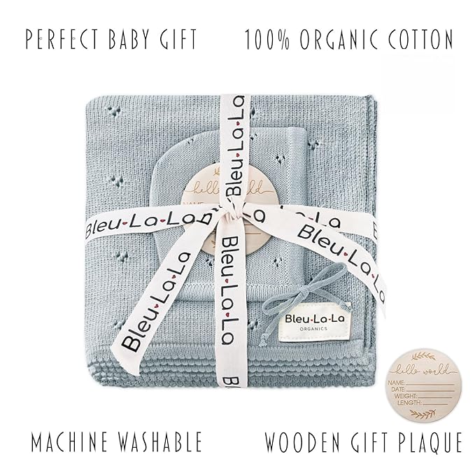 Baby Gift Set - Organic Cotton Newborn Blanket Essentials, Thoughtful Baby Shower & New Baby Gift for Boys & Girls (Pointelle - Powder Blue)