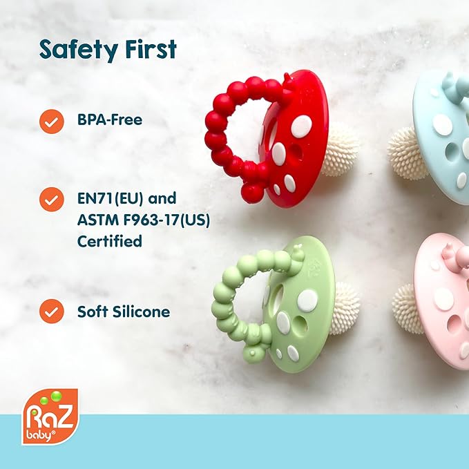 RaZbaby Soft Silicone Infant & Baby 3M+ Teether Toy Massaging Bristles Teething Relief Pacifier - Soothes Sore Gums - Hands-Free & Easy-to-Hold Chompy Teether, BPA Free (Lavender/Green/RED/Blue)