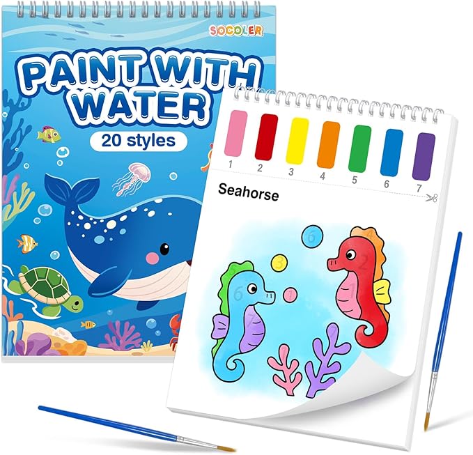 SOCOLER Paint with Water Coloring Books for Toddlers,Sea World Theme Mess Free Watercolor Painting Papers for Kids Water Color Paint Kit Art Craft Gift for Ages 1-3,4-8