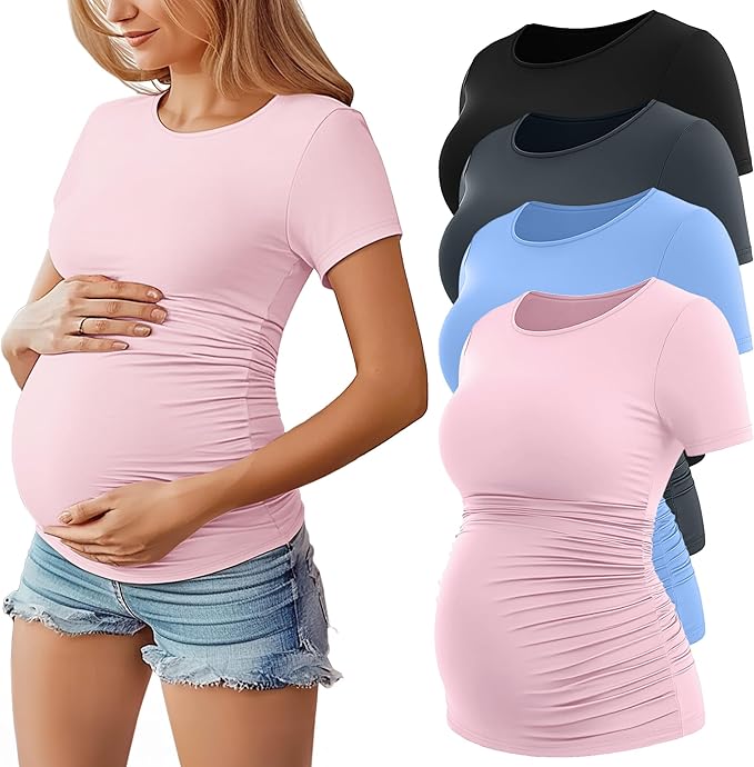 Huukeay 4 Pack Women's Maternity Shirts, Crew Neck Maternity Top Short Sleeve Casual Cotton Tee Side Ruched Pregnancy Clothes