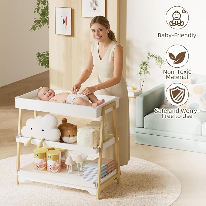 YUFU Baby Changing Table, Portable Diaper Changing Table with Changing Pad, Baby Diaper Changing Station with 2 Tier Storage Shelves for Newborn Baby and Infant, White/Natural