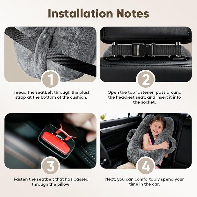 Car Pillow for Kids, Travel Pillow for Car Sleeping, Head and Neck Support Cushion with Removable Inner Insert, Washable Cover (Darkgray)