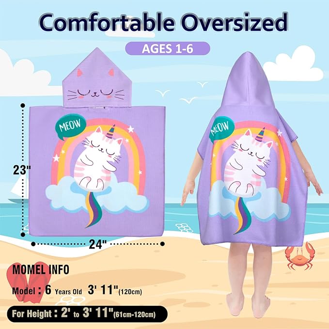 Hooded Kids Beach Towels - Toddler Bath Towel Girls Boys Swim Cover-ups for Ages 1 to 6 Kids Pool Towels Quick Dry Lightweight Soft Microfiber Poncho Towel 24x23(Cat-Purple)