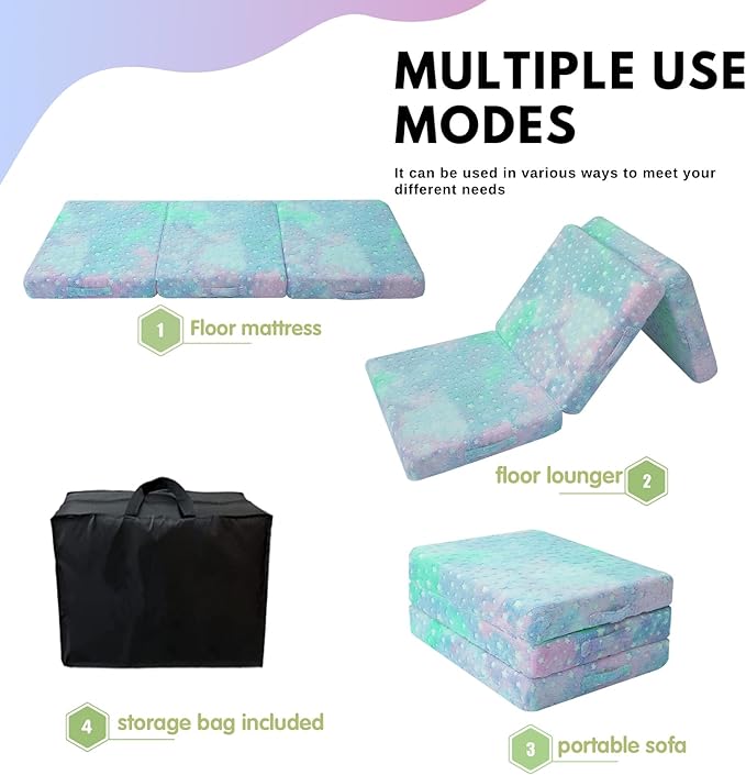 MeMoreCool Foldable Floor Mattress for Kids, Glow Star Trifold Mat, Kids Folding Mattress Portable Futon, 57x22 Inch Colorful