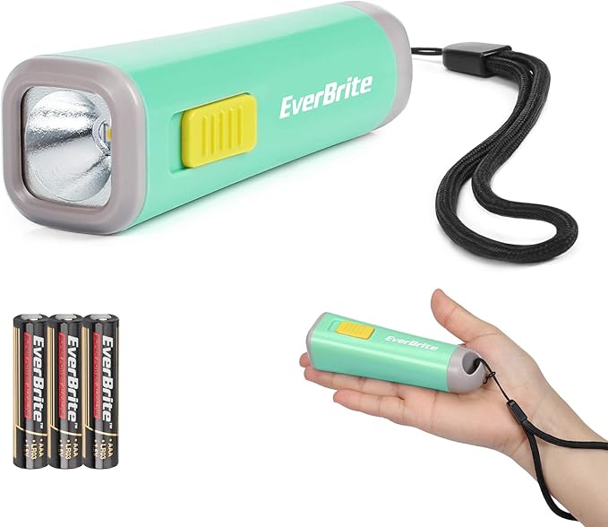 EverBrite Small Flashlight, Mini LED Flashlight, Plastic Torch Use for Emergencies, Camping, Outdoor with Lanyard 3AAA Battery Included, Green