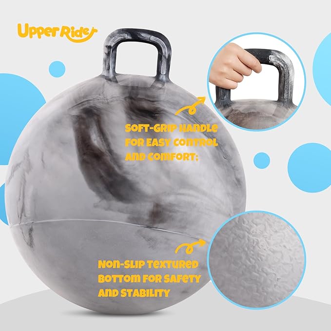 Upper Rider Clouds Hopper Ball for Kids,20 Inch Bouncy Ball with Handle,Grey Inflatable Hippity Hop for Boys Girls Aged 6-12, Indoor Outdoor Jumping Toys Gift with Pump