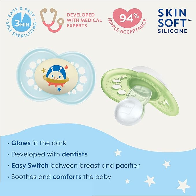 MAM Original Baby Pacifiers 6-16 Months, Binky for Newborn Babies, BPA-Free Skin Soft Silicone Nipple, Glows in The Dark, Developed with Medical Experts, 4 Count, Sterilizer Case, Made in Europe