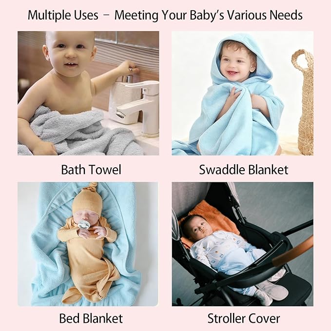 4 Pack Hooded Baby Towels, 32x32 Inch Absorbent Bath Towels, Soft Coral Fleece Hooded Towel for Newborns, Infants, and Toddlers – Baby Bath Essentials (Light Gray + Sky Blue + White + Pink)