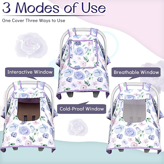 Baby Carseat Seat Cover Girls, Winter Carseat Canopy, Cozy & Warm Cover with Zipper Peep Windows, Infant Minky Carrier Cover, Soft Breathable, Baby Must Have, Purple Romantic