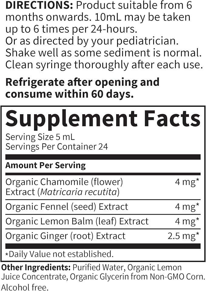 Garden of Life Baby Organic Gripe Water for Babies Nighttime or Daytime Colic, Gas & Stomach Discomfort, Herbal Remedy for Baby - Chamomile Lemon Balm Ginger - (4 fl oz) Liquid