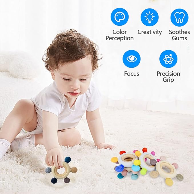 Baby Teething Toys Silicone Teethers BPA Free Silicone Rudder with Wooden Ring Soothe Babies Gums (Gray)