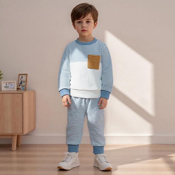 Toddler Baby Boy Fall Outfit Long Sleeve Crew Neck Contrast Color Sweatshirt Top Pant Cute Newborn Infant Waffle Clothes