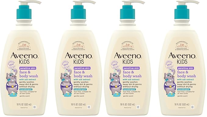 Aveeno Kids Sensitive Skin Face and Body Wash with Oat Extract,Gently Washes Away Dirt and Germs Without Drying,Tear-Free,Hypoallergenic Kids Body Wash,18 fl. oz,(Pack of 4)