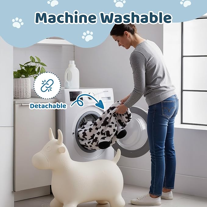 Inflatable Hopper Cow with Pump, Plush-Covered Bouncy Cow Seat for Indoor/Outdoor Use, Farm-Themed Décor and Photo Prop