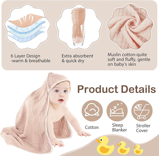 Peryiter 4 Pcs Muslin Hooded Baby Towels 32x32inch Cotton Newborn Bath Essentials Muslin Infant Blankets Absorbent Registry Baby Shower Present for Babies Girl Boy Kids (Coffee)