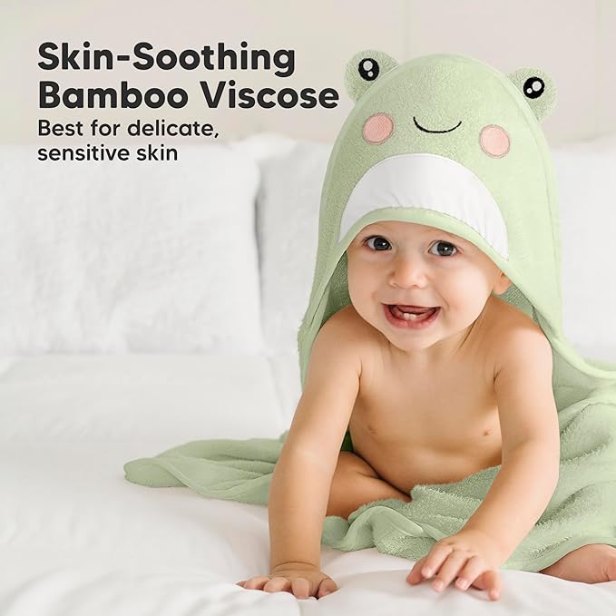 KeaBabies Hooded Baby Towel for Newborn - Viscose Derived from Bamboo Large Baby Bath Towels with Hood for Boys, Girls, Toddler, Extra Absorbent & Soft Newborn Bath Essentials (Frog, Petite)