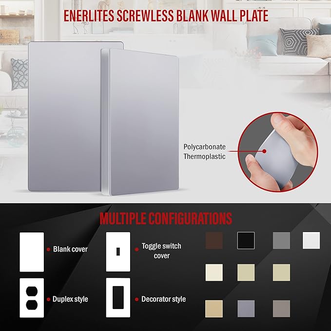ENERLITES Screwless Blank Wall Plate, Child Safe Blank Device Outlet Cover, Standard Size, 1-Gang 4.68" x 2.93", Polycarbonate Thermoplastic, UL Listed, SI8801-SV, Silver