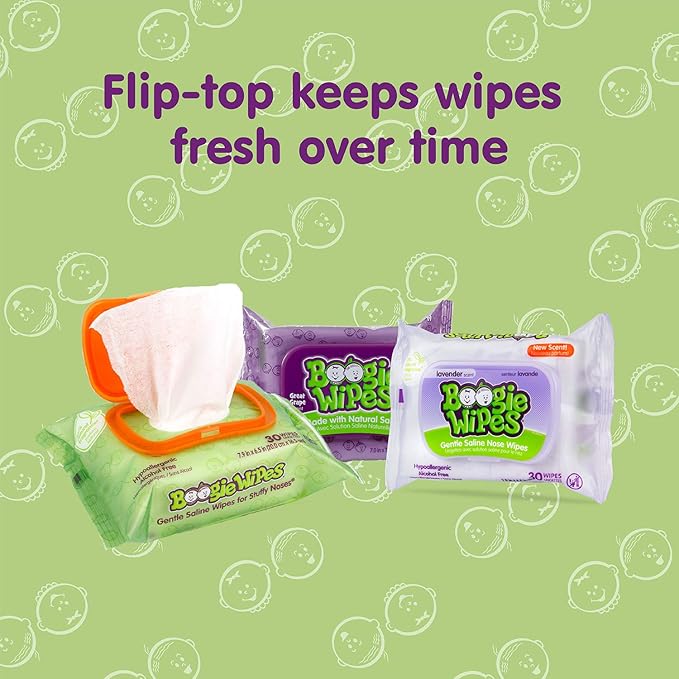 Saline Nose Wipes by Boogie, for Baby & Kids, Face, Hand & Body, FSA/HSA Eligible, Made with Vitamin E, Aloe, and Natural Saline, Lavender Scent, 45 Count (Pack of 1)