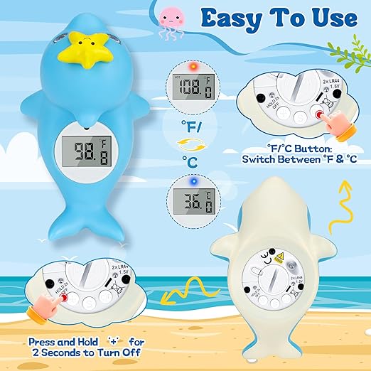 Baby Bath Thermometer, Dolphin Floating Bath Thermometer Baby for Newborns, Waterproof Bath Temperature Monitor with Hot & Cold Safety Alert, Water Temperature Monitor for Baby