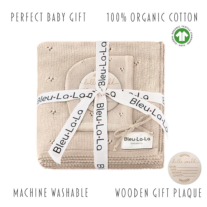 Baby Gift Set - Organic Cotton Newborn Blanket Essentials, Thoughtful Baby Shower & New Baby Gift for Boys & Girls (Pointelle - Oatmeal)