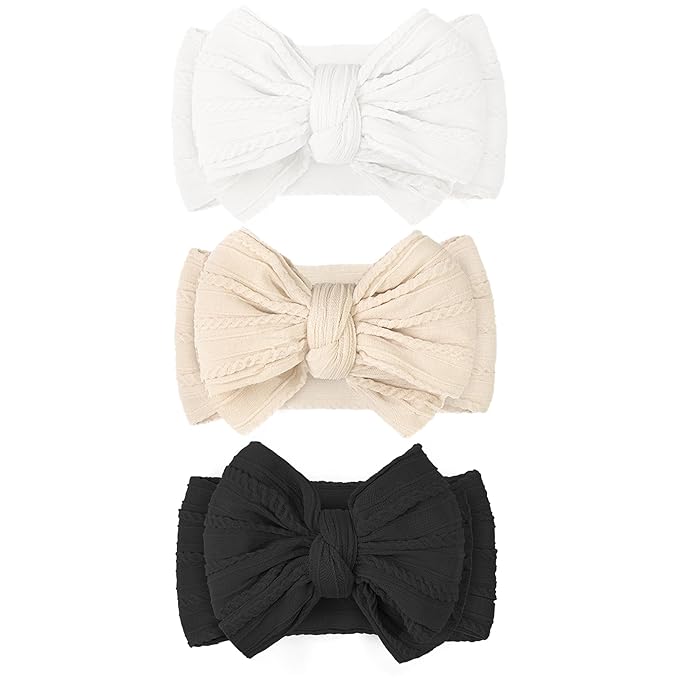 JOYOYO 3 Pcs Soft Wide Turban Baby Headbands with Double-Layer Bow for Baby Girls, Newborns, Toddlers(White, Beige, Black)