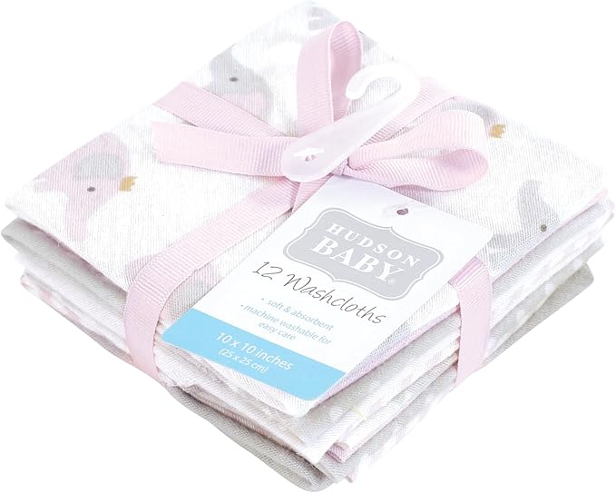 Hudson Baby Unisex Baby Flannel Cotton Washcloths, Lilac Elephants 12 Pack, One Size
