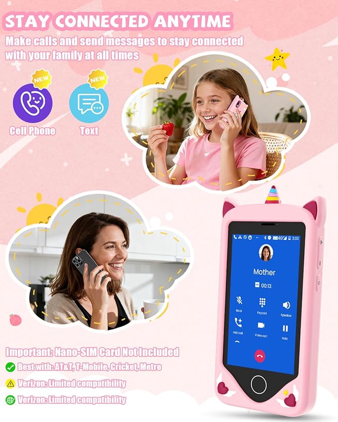 Kids Smart Phone for Girls - Safest Phone for Kid & Teens, Talk & Text - Kids Cell Phone Toy, 4.2'' Touchscreen, Dual Cameras, Games, 32GB Card (Blush)