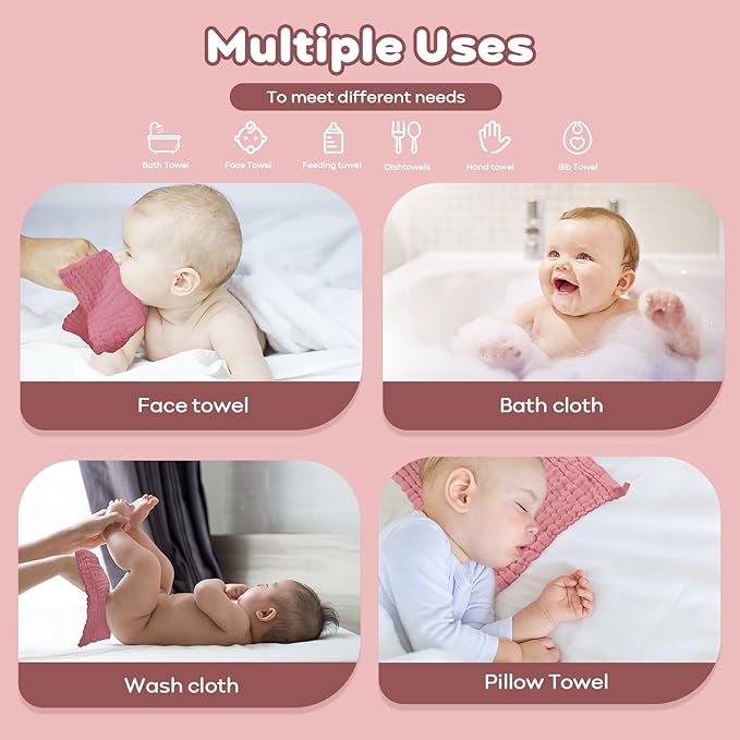 Yoofoss Muslin Baby Washcloths 100% Organic Cotton Face Towels 6 Pack Wash Cloths for Baby 12x12in Soft and Absorbent Baby Wipes (Bean Paste)