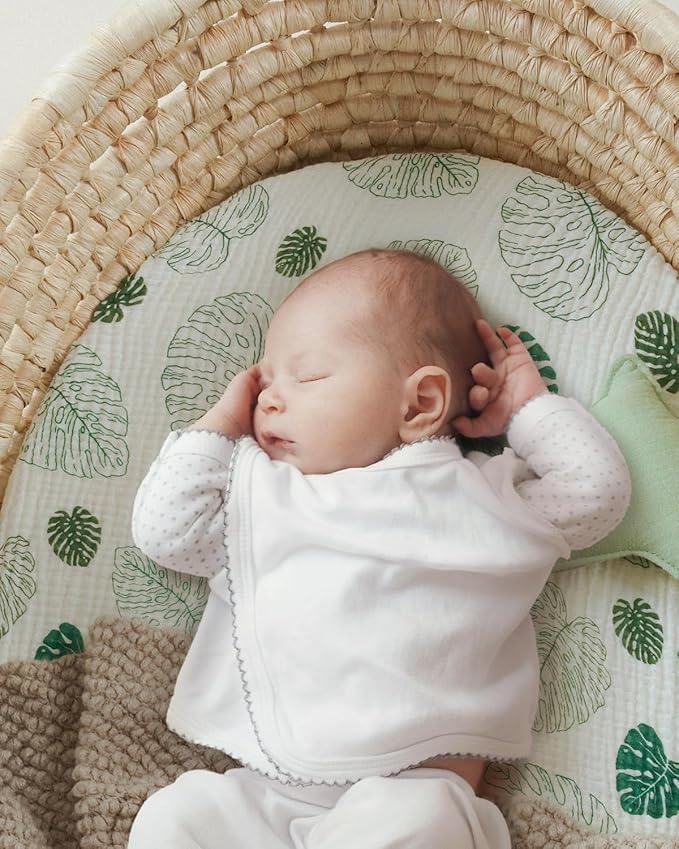 Blissful Diary Muslin Bassinet Sheets for Baby Girls Boys, Boho Soft Cotton Fitted for Oval Hourglass Rectangle Mattress, 2 Pack(Monstera&Dark Green)