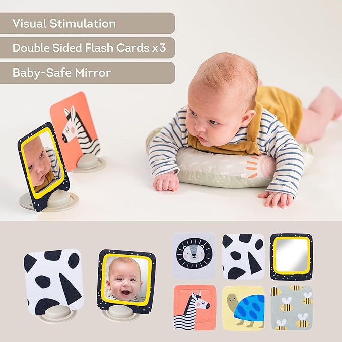 Taf Toys Tummy Time Set with Ergonomic Toy, Double-Sided High Contrast Black & White Flash Cards & Mirror Card, Developmental Baby Play Mat Accessories & Card Stands for Newborn Infant Tummy Time