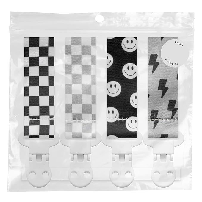 Stadela Baby Pacifier Clip Holder - Boy and Girl Unisex 4 Pack Gift Set – Neutral Retro Checker Smiley Bolts Black Gray
