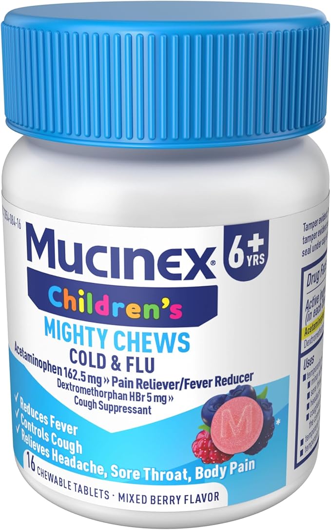 Mucinex Children's Mighty Chews Cold and Flu Medicine, Easy to Dose Children's Acetaminophen & Dextromethorphan, Kids Cough Medicine, Ages 6+, Mixed Berry Flavor, 16 Medicated Chewable Tablets