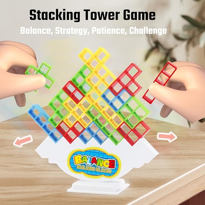64 Pcs Stacking Tower Game with 22 Cards, Giant Tumble Balance Game for Kids, Family Games for Kids and Adults, Ideal Gifts for Teen Boys & Girls, Party Board Game for Kids 6-12 & Adults
