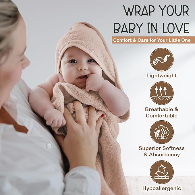 100% Organic Cotton Plush Woven Hooded Baby Bath Towels - Soft and Absorbent 31x31 Inches for Newborns and Kids, Baby Bath & Hooded Towels, Premium Infant Towels (Sand)