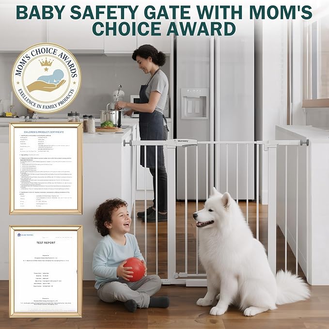 Mumeasy 36" Extra Tall Dog Gate, Auto Close Baby Gate for Stairs Doorways, 29.7-46" Wide Walk Thru Child Safety Gate for House, Easy Install Pressure Mounted Metal Pet Gate with Door, White
