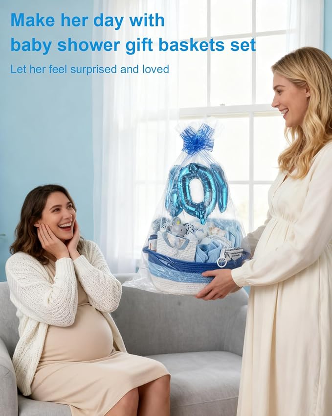 22-Pcs Baby Boy Gift Basket Set, Blue (0-12M Newborn) | Premium Baby Shower Gifts for Boys: Newborn Essentials Set in Woven Basket with Balloon & Bow, Ultimate Welcome Baby Package
