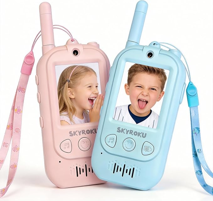 SKYROKU 2nd-Gen Video Walkie Talkies for Kids, 2000ft Long Range Rechargeable Walky Talkies, AI Virtual Costumes & Voice Changer, Outdoor Camping Toys Gift for Boys Girls Ages 3-12 (2 Pack)