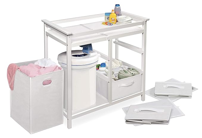 Badger Basket Modern Baby Changing Table - Nursery Furniture with Laundry Hamper and 3 Storage Drawers - Diaper Changing Station with Safety Belt, Changing Pad, and Organizer Baskets - White