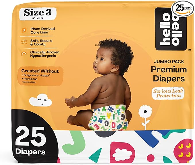 Hello Bello Premium Baby Diapers Size 3, 25 Count of Disposable, Extra-Absorbent, Hypoallergenic Baby Diapers with Snug and Comfort Fit, Alphabet Soup